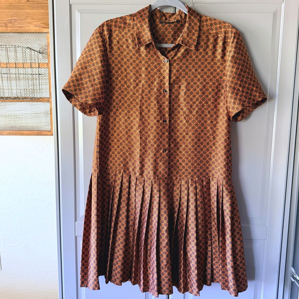 Maje Retro Womens Rablic Geo Print Drop Waist Pleated Shirt Dress, Brown, 2/4
